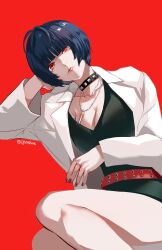 Rule 34 | 1girl, absurdres, belt, black collar, black dress, black hair, breasts, closed mouth, collar, dress, feet out of frame, highres, igusaharu, lab coat, long sleeves, looking at viewer, medium breasts, nail polish, open clothes, persona, persona 5, red background, red belt, red eyes, red nails, short hair, simple background, sleeves past wrists, solo, studded collar, takemi tae, twitter username
