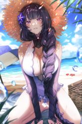 Rule 34 | 1girl, basket, beach, beach umbrella, blush, braid, breasts, bridal gauntlets, cleavage, cloud, cloudy sky, commentary, covered navel, day, flower, frills, genshin impact, hair flower, hair ornament, hat, highres, kneeling, large breasts, long hair, looking at viewer, low-braided long hair, low-tied long hair, mitto ( 420x297), mountainous horizon, ocean, one-piece swimsuit, outdoors, parted lips, purple eyes, purple hair, raiden shogun, revision, seiza, sitting, sky, solo, starfish, straw hat, summer, swimsuit, tassel, thighs, umbrella, very long hair, water, water drop, wet