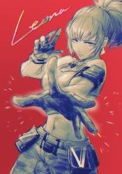 Rule 34 | 1girl, ammunition pouch, armlet, bare shoulders, belt, breasts, camouflage, camouflage pants, character name, chromatic aberration, dog tags, earrings, gloves, highres, jewelry, leona heidern, midriff, military, military uniform, monochrome, navel, nika k0fg, pants, ponytail, pouch, red background, simple background, single glove, sleeveless, solo, standing, tank top, the king of fighters, the king of fighters xv, triangle earrings, uniform, white background