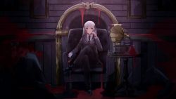 Rule 34 | 1girl, absurdres, armchair, azarasi haru, black footwear, black jacket, black ribbon, blood, blood on ground, blood splatter, chair, commentary, corpse, crossed legs, dress shoes, formal, gloves, grey hair, gun, hair ribbon, handgun, hatsune miku, highres, jacket, long hair, looking at viewer, mafia (vocaloid), necktie, painting (object), phonograph, ribbon, shirt, sitting, skull, solo, suit, suit jacket, table, two side up, very long hair, vocaloid, weapon, white gloves, white shirt