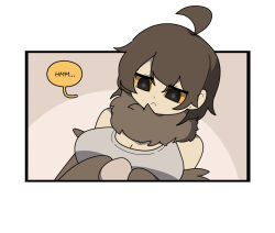 Rule 34 | 1girl, ahoge, bare shoulders, black eyes, breasts, brown feathers, brown hair, brown wings, colored sclera, commentary, egg, english commentary, english text, feathers, gomulgong, harpy, holding, holding egg, looking down, medium breasts, medium hair, monster girl, neck fur, orange sclera, original, owl girl, owl girl (gomulgong), speech bubble, tank top, winged arms, wings