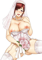 Rule 34 | 1girl, bouquet, breasts, bridal veil, corset, flower, garter straps, highres, holding, holding bouquet, jewelry, large breasts, mature female, necklace, nipples, original, pearl necklace, purple eyes, red hair, ring, rokko, solo, thighhighs, veil, wedding band, white corset, white thighhighs, white veil