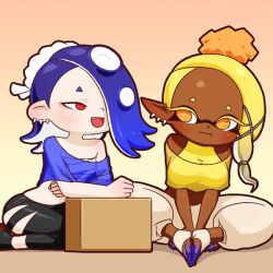 Rule 34 | 2girls, alternate breast size, animated, animated gif, baggy pants, blonde hair, blue hair, breast rest, breasts, chest sarashi, commentary, dark-skinned female, dark skin, earrings, english commentary, fang, fangs, flat chest, forehead, frye (splatoon), hair over one eye, half-closed eyes, huge breasts, indian style, inkling, jewelry, large breasts, looping animation, mike inel, multiple girls, nintendo, octoling, orange eyes, pants, pointy ears, red eyes, sarashi, see-through, see-through shirt, shiver (splatoon), sitting, splatoon (series), splatoon 3, talking, tentacle hair, very dark skin