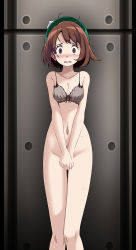 Rule 34 | 1girl, against wall, bare arms, bare legs, blush, bottomless, bra, breasts, brown eyes, brown hair, cleavage, collarbone, covering crotch, covering privates, creatures (company), game freak, gloria (pokemon), green headwear, grey bra, highres, looking at viewer, navel, nintendo, open mouth, pokemon, pokemon swsh, short hair, small breasts, solo, standing, sweatdrop, tears, thigh gap, tsukishiro saika, underwear, underwear only, wavy mouth