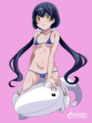 Rule 34 | 1girl, angry, artist name, bandai, bikini, black hair, blush, breasts, cameltoe, chicago-x, cleft of venus, covered erect nipples, digimon, digimon story: cyber sleuth hacker&#039;s memory, female focus, highres, long hair, long twintails, looking at viewer, medium breasts, micro bikini, mishima erika, shiny skin, solo, swimsuit, twintails, yellow eyes