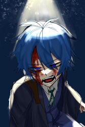 Rule 34 | 1boy, akutoku no judgement (vocaloid), bags under eyes, black robe, bleeding from forehead, blood, blood in hair, blood on face, blue background, blue eyes, blue hair, collared shirt, evillious nendaiki, fangs, frown, gallerian marlon, glowing, glowing eyes, half-closed eyes, highres, judge, kaito (vocaloid), light rays, open clothes, open mouth, open robe, pale skin, ratchetlovelove, red pupils, robe, shirt, spotlight, vocaloid, white shirt