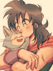Rule 34 | &gt; &lt;, 1boy, black hair, close-up, closed eyes, dragon ball, dragon ball (classic), happy, highres, kiss, kissing forehead, long hair, male focus, neckerchief, open mouth, orange neckerchief, pink background, puar, simple background, smile, upper body, yamcha
