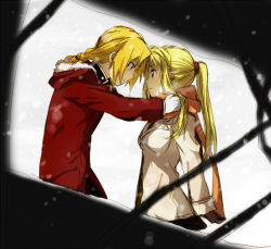 Rule 34 | 00s, 1boy, 1girl, bad id, bad pixiv id, blonde hair, braid, braided ponytail, coat, edward elric, eye contact, fullmetal alchemist, gloves, looking at another, ponytail, profile, riru, scarf, sketch, snow, winry rockbell