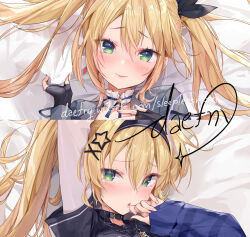 Rule 34 | 1girl, artist name, bed sheet, black gloves, blonde hair, blue ribbon, blush, choker, closed mouth, collar, commentary, commission, daefny, detached collar, dokibird (vtuber), english commentary, fingerless gloves, frilled collar, frills, gloves, green eyes, hair between eyes, highres, indie virtual youtuber, long hair, looking at viewer, multiple views, parted lips, ribbon, ribbon choker, side ponytail, smile, star (symbol), star choker, twintails, virtual youtuber, watermark