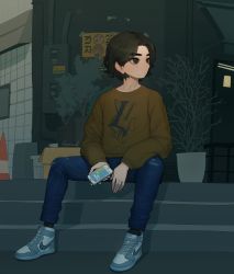 Rule 34 | 1boy, black eyes, black hair, blue pants, brown shirt, commission, expressionless, highres, holding, holding phone, original, pants, phone, poster (object), print shirt, shirt, shoes, short hair, solo, sparrowl, stairs, tile wall, tiles, tree, white footwear