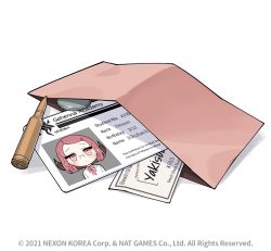 Rule 34 | 1girl, aru (blue archive), blue archive, blush, bullet, coin, donmin h, english text, glasses, hair ribbon, holding, horns, id card, long sleeves, looking at viewer, official art, parted bangs, pink hair, red hair, red ribbon, ribbon, shirt, solo, wallet, watermark, white background