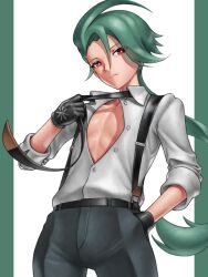 Rule 34 | 1girl, black gloves, black necktie, black pants, bright pupils, buttons, closed mouth, collared shirt, commentary request, cowboy shot, creatures (company), earrings, flat chest, game freak, gloves, green hair, grey shirt, hair between eyes, hand in pocket, highres, jewelry, long hair, necktie, nintendo, pants, partially unbuttoned, pillarboxed, pokemon, pokemon sv, red eyes, rika (pokemon), shirt, skylock, solo, suspenders, white background, white pupils