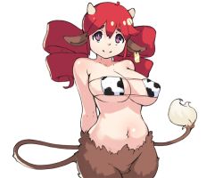Rule 34 | 1girl, animal ears, animal print, arms behind back, bare shoulders, bikini, breasts, bright pupils, closed mouth, cow ears, cow horns, cow print, cow tail, cowboy shot, drill hair, eyepatch bikini, horns, large breasts, looking at viewer, monster girl, navel, original, pink eyes, red hair, simple background, smile, solo, standing, tail, twin drills, vins-mousseux, white background