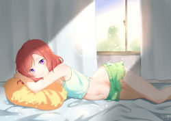 Rule 34 | 1girl, absurdres, artist name, bare legs, bare shoulders, bed, blush, female focus, green shorts, hair between eyes, highres, hip bones, hip focus, light rays, looking at viewer, love live!, love live! school idol project, lying, nishikino maki, on bed, parted lips, pillow, purple eyes, red hair, shirt, short hair, short shorts, shorts, smile, solo, sunbeam, sunlight, white shirt, window, yuki (rfi5607)