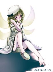 Rule 34 | 1girl, blonde hair, blush, bow, dress, drill hair, fairy wings, flustered, full body, hair bow, ruffling hair, hat, looking at viewer, luna child, mob cap, namauni, open mouth, shoes, short hair, single shoe, sitting, sleeves rolled up, solo, touhou, twintails, white dress, wings