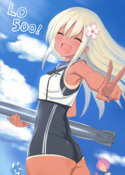Rule 34 | 10s, 3girls, :d, ^ ^, armpits, ass, bare shoulders, blonde hair, blue sky, chameleon (ryokucha combo), character name, closed eyes, cloud, cowboy shot, crop top, day, closed eyes, facing viewer, female focus, flower, hair flower, hair ornament, holding, i-19 (kancolle), i-58 (kancolle), kantai collection, long hair, multiple girls, open mouth, outdoors, ro-500 (kancolle), sailor collar, school swimsuit, sky, smile, solo focus, swimsuit, swimsuit under clothes, tan, tanline, torpedo, v