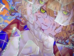 Rule 34 | 1girl, absurdres, blonde hair, blue background, crying, crying with eyes open, glass, glass shards, green eyes, hands on own face, highres, katai (nekoneko0720), looking at viewer, mizuhashi parsee, multicolored background, orange background, shards, shattered, solo, tears, touhou