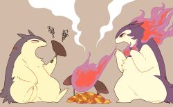 autumn_leaves breath_weapon breathing_fire closed_mouth creatures_(company) fire food game_freak gen_2_pokemon grey_background hisuian_typhlosion holding leaf mamebato nintendo no_humans pokemon pokemon_(creature) purple_fire red_eyes roasted_sweet_potato simple_background sitting standing steam stick sweet_potato typhlosion