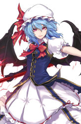 Rule 34 | 1girl, bat wings, blue hair, bow, bowtie, breasts, commentary request, cowboy shot, dress, gloves, hair between eyes, hat, highres, holding, holding weapon, looking at viewer, medium breasts, medium hair, mob cap, outstretched arm, puffy short sleeves, puffy sleeves, re (re 09), red bow, red bowtie, red eyes, remilia scarlet, serious, short sleeves, simple background, skirt, solo, spear the gungnir, standing, touhou, weapon, white background, white hat, white skirt, wings