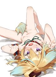 Rule 34 | 1girl, ahoge, animal ears, barefoot, between legs, blonde hair, blush, breasts, completely nude, dog ears, dog tail, fang, fangs, hair ornament, hairclip, highres, long hair, looking at viewer, lying, muchi maro, multicolored hair, navel, nipples, nude, on back, open mouth, paw pose, purple eyes, shinsougumi, shitagai nora, skin fangs, small breasts, soles, solo, spread legs, sweat, tail, tail between legs, tail censor, virtual youtuber