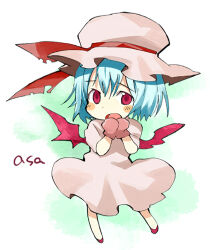 Rule 34 | 1girl, aqua background, bat wings, blue hair, blush stickers, chibi, d:, dot nose, dress, full body, hair between eyes, hands up, hat, legs apart, looking at viewer, lowres, medium dress, mittens, mob cap, no socks, ogawa maiko, open mouth, own hands together, pink dress, pink hat, pink mittens, puffy short sleeves, puffy sleeves, red eyes, red wings, remilia scarlet, short hair, short sleeves, signature, solo, touhou, w arms, wings
