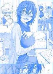 Rule 34 | 1boy, 1girl, bed, blue theme, blush, book, bookshelf, breast hold, breasts, character request, comic, commentary, desk, embarrassed, flying sweatdrops, from side, getsuyoubi no tawawa, glasses, heater, himura kiseki, large breasts, looking at viewer, messy hair, monochrome, open book, own hands together, grabbing own breast, silent comic, sitting, sweater, tagme, wavy mouth