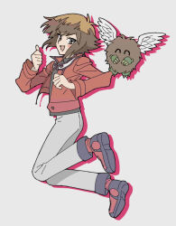 Rule 34 | 1boy, 1other, :d, black shirt, blush stickers, brown eyes, brown fur, brown hair, buib (mekako chan), closed eyes, creature, duel academy uniform (yu-gi-oh! gx), duel monster, hair between eyes, happy, highres, jacket, jumping, long sleeves, male focus, multicolored hair, open clothes, open jacket, open mouth, outline, pants, pink outline, red jacket, shirt, short hair, smile, spiked hair, thumbs up, two-tone hair, winged kuriboh, wings, yu-gi-oh!, yu-gi-oh! gx, yuki judai