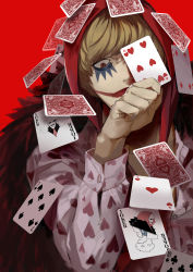 Rule 34 | 1boy, absurdres, ace (playing card), ace of hearts, blonde hair, card, coat, donquixote doflamingo, donquixote rocinante, fur coat, hat, heart, heart card, highres, joker (playing card), makeup, male focus, one eye covered, one piece, playing card, red background, santa65, short hair, solo