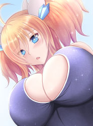 Rule 34 | 1girl, blonde hair, blue one-piece swimsuit, breasts, highres, huge breasts, kanna (minamozuki), looking at viewer, one-piece swimsuit, onizaki kirara, solo, swimsuit, taimanin (series), taimanin rpgx, twintails, upper body