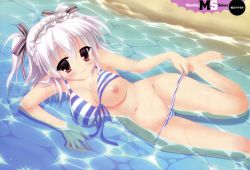 Rule 34 | 1girl, absurdres, barefoot, beach, bikini, bikini pull, breast slip, breasts, cleavage, clothes pull, feet, front-tie bikini top, front-tie top, grey hair, highres, hinamatsuri touko, imouto spiral, large breasts, long hair, lying, nipples, ocean, on side, one breast out, outdoors, pulling own clothes, red eyes, sand, senoo chifuyu, smile, solo, striped bikini, striped clothes, swimsuit, twintails, undressing, water, wet