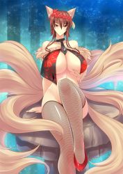 Rule 34 | 1girl, animal ears, bare shoulders, breasts, brown eyes, convenient leg, fishnet thighhighs, fishnets, fox ears, fox tail, haganef, huge breasts, long hair, looking at viewer, multiple tails, no panties, original, red eyes, smile, solo, tail, thighhighs