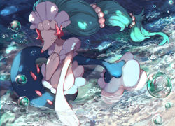 Rule 34 | blue hair, bubble, closed eyes, colored eyelashes, creatures (company), fins, fish tail, game freak, gem, gen 7 pokemon, hand on own chest, long hair, nintendo, no humans, partially submerged, pearl (gemstone), pippi (pixiv 1922055), pokemon, pokemon (creature), pokemon sm, primarina, solo, starfish hair ornament, tail, water, water drop, wet