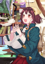 Rule 34 | 1girl, :d, ahoge, anger vein, atelier (series), atelier sophie, backpack, bag, blue jacket, blurry, blurry background, blush, book, brown eyes, brown hair, cauldron, commentary request, depth of field, fang, feathered wings, hair ornament, head scarf, indoors, jacket, long sleeves, open clothes, open jacket, open mouth, pleated skirt, red skirt, ryuuno6, shirt, skirt, smile, smoke, solo, sophie neuenmuller, steepled fingers, sweat, trembling, white shirt, white wings, wide sleeves, wings