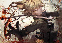 Rule 34 | 10s, 1girl, ammunition, blonde hair, blood, copyright name, cross, gloves, grin, gun, holding, holding weapon, iron cross, kawacy, looking at viewer, military, military uniform, outdoors, over shoulder, ponytail, rifle, short hair, sky, smile, solo, tanya degurechaff, uniform, weapon, weapon over shoulder, yellow eyes, youjo senki