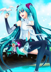 Rule 34 | 1girl, absurdres, aqua eyes, aqua hair, bad id, bad pixiv id, bird, bridal gauntlets, chibi, detached sleeves, hand on another&#039;s chest, hand on own chest, hatsune miku, hatsune miku (append), highres, long hair, necktie, niinashiina, skirt, solo, thighhighs, twintails, very long hair, vocaloid, vocaloid append