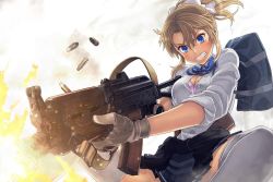 Rule 34 | 1girl, aks-74u, ammunition, assault rifle, blonde girl (itou), blonde hair, blue bow, blue bowtie, blue eyes, blue skirt, blush, bow, bowtie, bra, breasts, buckle, cartridge case, cleavage, clenched teeth, clothes around waist, copyright request, dress shirt, explosion, firing, foreshortening, gloves, gun, hair between eyes, holding, holding gun, holding weapon, itou (onsoku tassha), jacket, jacket around waist, kalashnikov rifle, long sleeves, open clothes, open mouth, open shirt, original, pink bra, pleated skirt, ponytail, rifle, shirt, short hair, sidelocks, skirt, sleeves pushed up, solo, spread legs, sweatdrop, teeth, thighhighs, unbuttoned, underwear, weapon, white gloves, white shirt, white thighhighs, zettai ryouiki