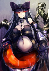 Rule 34 | 10s, 1girl, abyssal ship, bare shoulders, black bow, black hair, bow, breasts, chain, choker, claws, colored skin, glowing, glowing eyes, gothic lolita, hair bow, highres, irohara, kantai collection, large breasts, lolita fashion, long hair, looking at viewer, navel, pale skin, red eyes, seaplane tender princess, smile, solo, white skin