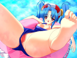 Rule 34 | 1girl, afloat, aoi yuuji, barefoot, blue hair, blush, breasts, breasts out, casual one-piece swimsuit, censored, clothing aside, feet, female focus, foot focus, frills, from above, game cg, halterneck, innertube, legs up, medium breasts, mosaic censoring, nipples, one-piece swimsuit, panties, panties aside, pool, puni puni handmaid, pussy, red eyes, soles, solo, spread legs, swim ring, swimsuit, swimsuit aside, twintails, underwear, water