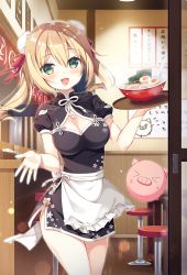 Rule 34 | &gt; &lt;, 1girl, :d, apron, bad id, bad pixiv id, black dress, blonde hair, blush, bowl, breasts, bun cover, chair, china dress, chinese clothes, cleavage, cleavage cutout, closed eyes, clothing cutout, cowboy shot, double bun, dress, egg, floral print, food, green eyes, hair bun, hair ribbon, holding, holding tray, indoors, lens flare, long hair, looking at viewer, meat, medium breasts, menu board, noodles, open mouth, original, pig, ramen, red ribbon, restaurant, ribbon, short dress, short sleeves, smile, solo, spoon, sumisaki yuzuna, table, tray, twintails, waitress