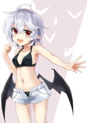 Rule 34 | 1girl, akisome hatsuka, bat (animal), bat background, bat wings, bikini, black bikini, breasts, fang, gradient eyes, hair between eyes, looking at viewer, medium breasts, multicolored eyes, navel, open mouth, pointing, pointing at self, pointy ears, red eyes, remilia scarlet, short hair, short shorts, shorts, silver hair, smile, solo, standing, swimsuit, touhou, white shorts, wings