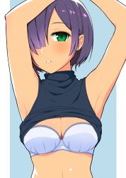 Rule 34 | 1girl, armpits, black sweater, blush, bob cut, bra, breasts, cleavage, green eyes, hair over one eye, hands up, hi iro, highres, looking at viewer, medium breasts, medium hair, mole, mole under mouth, one eye covered, original, parted lips, purple hair, sleeveless, sleeveless sweater, solo, sweater, tan, turtleneck, turtleneck sweater, underwear, white bra