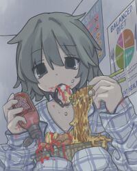 Rule 34 | 1girl, absurdres, chopsticks, food, food in mouth, food on face, gudon udon, hair between eyes, highres, holding, holding chopsticks, hot sauce, indoors, knees up, long sleeves, original, pajamas, poster (object), short hair, sitting, solo