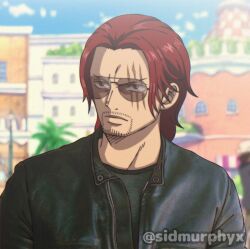 Rule 34 | 1boy, artist name, black jacket, closed mouth, facial hair, highres, jacket, looking to the side, male focus, one piece, one piece (live action), outdoors, red hair, scar, scar across eye, scar on face, shanks (one piece), short hair, sidmurphyx, solo, solo focus, sunglasses