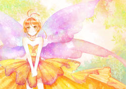 Rule 34 | 1990s (style), 1girl, aged up, antenna hair, bare shoulders, brown hair, butterfly wings, cardcaptor sakura, child, colorful, dress, faux traditional media, green eyes, insect wings, kinomoto sakura, leaf, own hands together, retro artstyle, short hair, sleeveless, sleeveless dress, smile, solo, v arms, wings, wooga, yellow dress