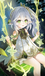 Rule 34 | 1girl, absurdres, bloomers, blush, bracelet, braid, cape, cross-shaped pupils, detached sleeves, dress, feet out of frame, genshin impact, gold trim, gradient hair, green cape, green eyes, green hair, green sleeves, hair between eyes, hair ornament, highres, jewelry, leaf hair ornament, long hair, multicolored hair, nahida (genshin impact), open mouth, pointy ears, side ponytail, sitting, sleeveless, sleeveless dress, smile, solo, swing, symbol-shaped pupils, underwear, white bloomers, white dress, white hair, yuki (asayuki101)