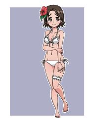 1girl alternate_costume bare_shoulders barefoot bikini blush breasts brown_eyes brown_hair cleavage collarbone flower front-tie_bikini_top front-tie_top girls_und_panzer hair_flower hair_ornament sawa_azusa short_hair side-tie_bikini_bottom swimsuit takahashi_kurage thigh_strap white_bikini