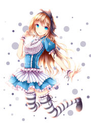 Rule 34 | 1girl, alice (alice in wonderland), alice in wonderland, black ribbon, blue eyes, dress, frilled dress, frills, hair ribbon, highres, light brown hair, long hair, ribbon, solo, striped clothes, striped thighhighs, thighhighs, wsman