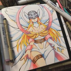 Rule 34 | absurdres, angel, angel girl, angewomon, digimon, digimon (creature), head wings, highres, long hair, mask, traditional media, wings