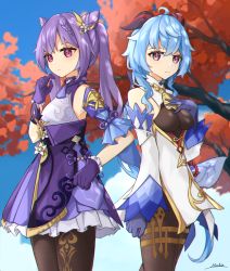 Rule 34 | 2girls, ahoge, autumn leaves, bare shoulders, bell, black pantyhose, blue gloves, blue hair, bodysuit, breasts, cone hair bun, detached sleeves, double bun, dress, feathers, flower, frilled gloves, frills, ganyu (genshin impact), genshin impact, gloves, gold trim, hair bun, hair cone, hair ears, hair ornament, hairpin, hand on own chest, highres, horns, keqing (genshin impact), leaf, light smile, long hair, looking at viewer, maple leaf, medium breasts, merlin (mer71n), multicolored eyes, multiple girls, neck bell, pantyhose, purple dress, purple eyes, purple gloves, purple hair, sidelocks, standing, thighlet, twintails, white flower, white sleeves