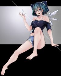 Rule 34 | 1girl, :d, absurdres, aged up, alternate costume, arm support, bad id, bad pixiv id, bare legs, bare shoulders, barefoot, black background, black shirt, blue bow, blue eyes, blue hair, bow, breasts, cirno, collarbone, commentary request, crop top, denim, denim shorts, full body, grey background, hair between eyes, hair bow, halterneck, hand up, highleg, highres, huge filesize, ice, ice wings, knee up, looking at viewer, medium breasts, midriff, migata, off-shoulder shirt, off shoulder, open mouth, shirt, short hair, short shorts, short sleeves, shorts, sitting, smile, solo, thighs, touhou, two-tone background, wings